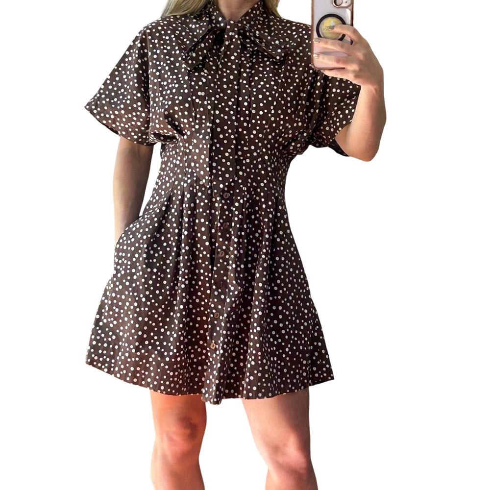 Exquise Anthropologie Tobie Tie Neck Polka Dot Mini Shirt Dress XS Brown Retro